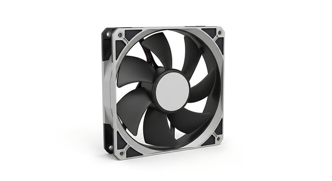 Square computer cooling fan with black blades and silver frame isolated image
