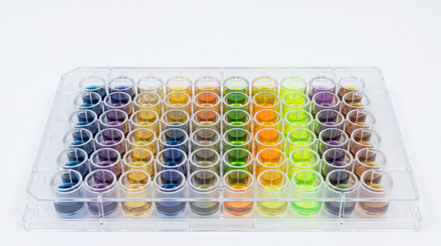 Multiwell Microplate Filled with Colorful Liquid Reagents