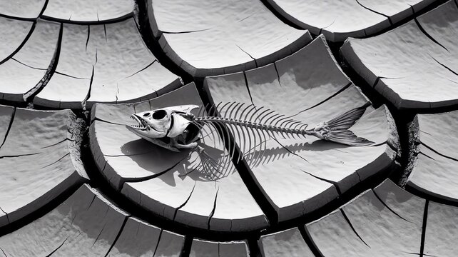 Fish skeleton lying on dry cracked earth representing climate change drought and environmental water scarcity