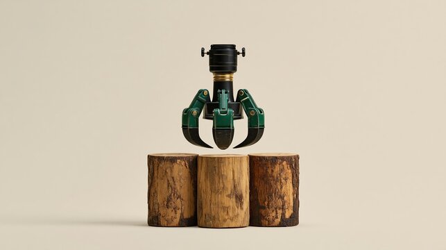 Forestry grapple centered above three aligned timber logs on neutral background