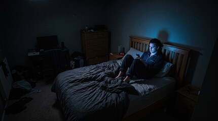 Fototapeta premium Man Sitting on Bed in Dark Room Looking at Smartphone Screen