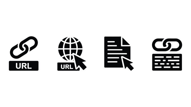 Black internet link icons with globe document code and cursor for web navigation and site design.