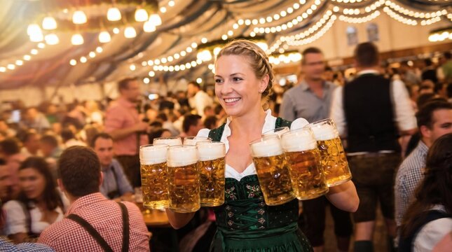 Cheerful Bavarian waitress carrying multiple large mugs of beer in a crowded festival tent during Oktoberfest
