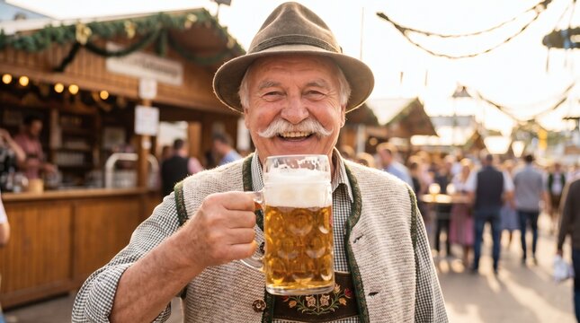 Smiling senior Bavarian man in traditional hat holding a large mug of beer at Oktoberfest festival