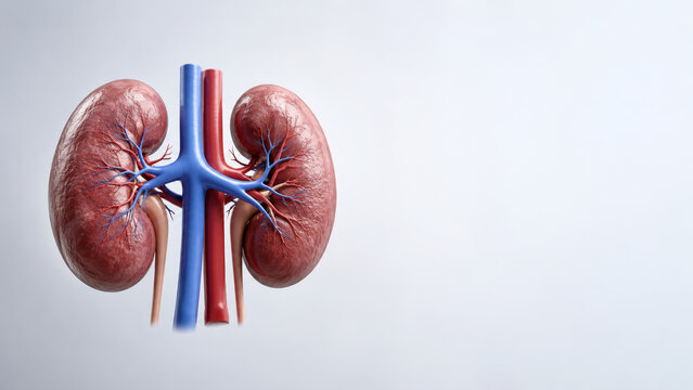 Human kidneys anatomical 3d model with blood vessels and ureters on light background. Medical visualization of urinary system