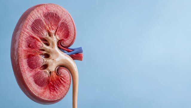 Human kidney cross section anatomy model with artery and vein on blue background. Medical illustration of kidney structure and renal system. Urology, nephrology and kidney disease treatment concept