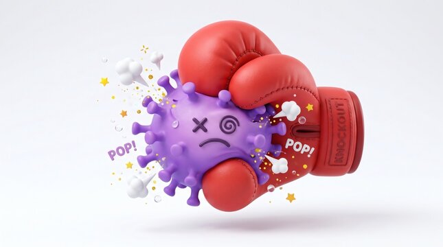 Red boxing glove delivering a knockout punch to pop a purple virus cell