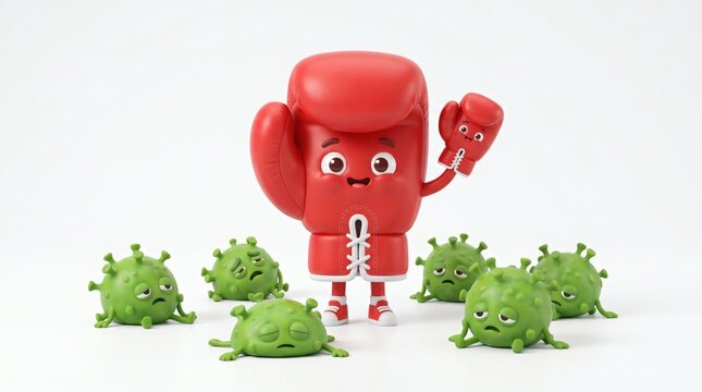 Cute red boxing glove character standing victorious over defeated green virus cells