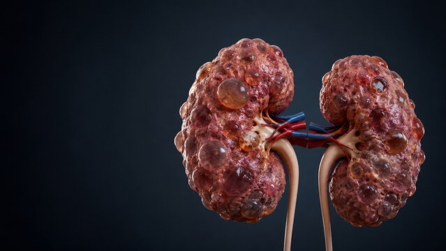 Human kidneys affected by polycystic kidney disease with multiple fluid filled cysts on organ surface. 3D medical illustration of renal failure and urinary system