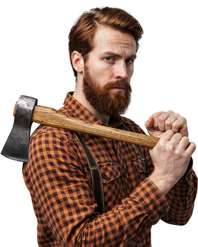 Confident bearded woodcutter holding an axe ready for work wearing plaid shirt with checkered shirt white background woodcutter shoulder lumberjack suspender carpenter forester portrait