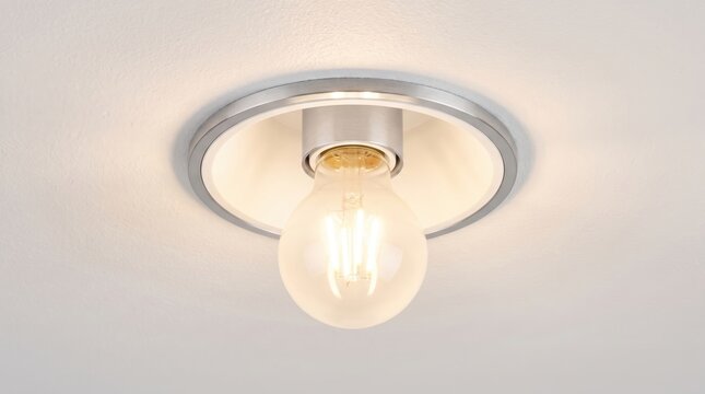 Modern LED filament light bulb in recessed ceiling fixture with warm glow isolated on solid background
