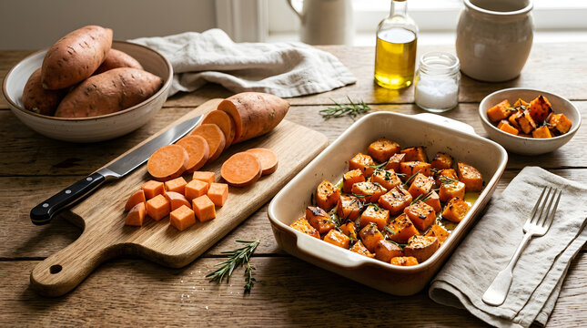 Fresh sweet potatoes and yams prepared on a kitchen table.