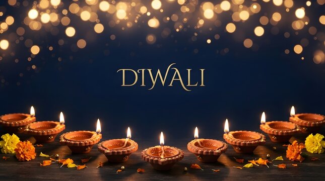 Diwali celebration with traditional oil lamps and sparkling bokeh lights in the background