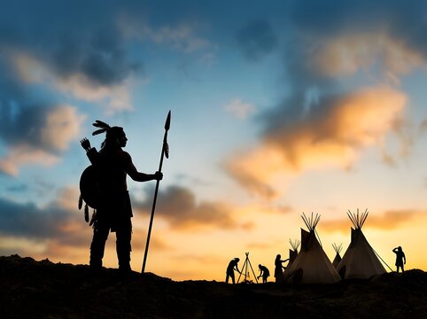 Silhouette of indigenous warrior guarding village at sunset