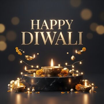 Festive happy diwali celebration with golden lights and traditional indian decorations