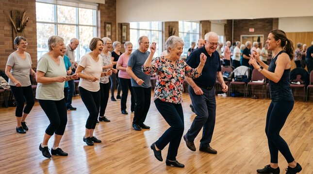 Seniors enjoying a lively dance class with smiles and energetic movements