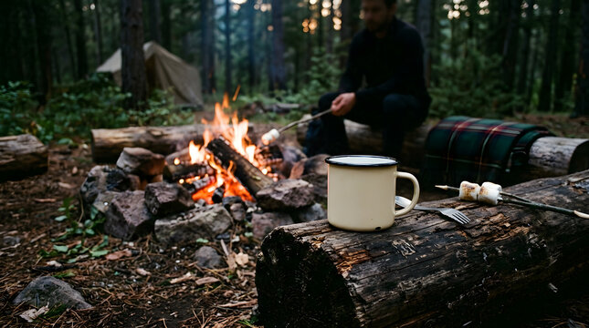 A person sitting by a campfire roasting marshmallows in the forest at night.