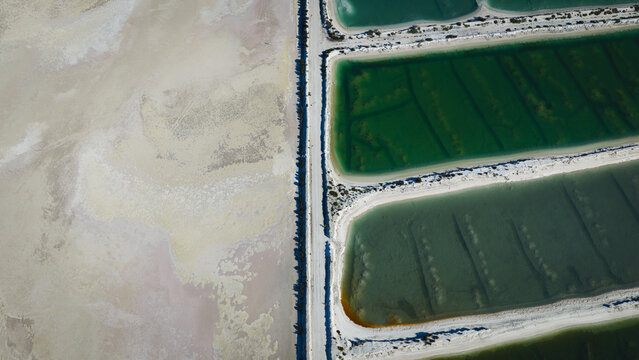 Aerial view of industrial salt lake evaporation ponds with geometric shapes and vibrant green water contrasting with the dry, pale salt flats in Denham, Western Australia, Australia.