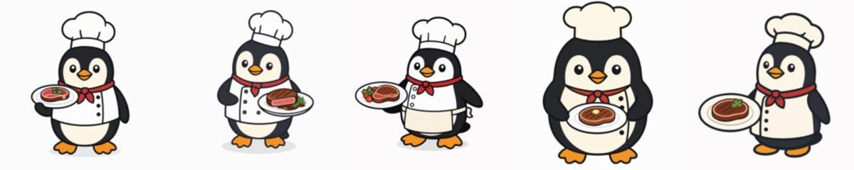 Fototapeta premium A set of cute vector penguins dressed as chefs, standing and carrying delicious grilled meat dishes.