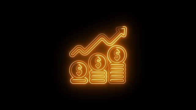 Neon abstract financial growth chart with rising arrow stack of coin animation on black background. Financial growth concept with rising dollar coins and upward trend line animation.