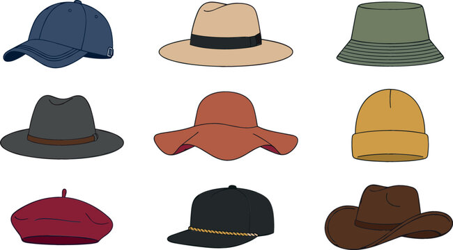 Fashion headwear and hats vector illustration set with baseball caps fedora panama bucket hat beanie beret floppy sun hat and cowboy hat elements.
