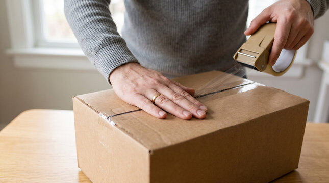 Hands sealing cardboard box with adhesive tape dispenser at warehouse.