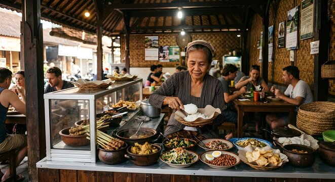 Traditional warung scene, Bali, Indonesia, cook preparing nasi campur with an array of side dishes