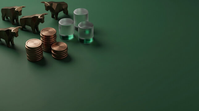 Bronze bulls and stacked coins with acrylic cylinders on a green surface representing financial growth