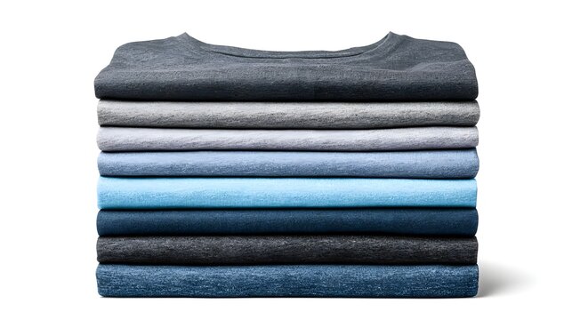 A stack of folded blue t-shirts isolated on white background. Perfect for retail fashion displays and clothing inventory concepts.