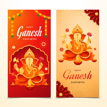 Happy Ganesh Chaturthi Vertical Banner Set with Lord Ganesha and Traditional Indian Festival Decoration