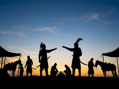 Silhouette of ancient warriors at a military camp during sunset