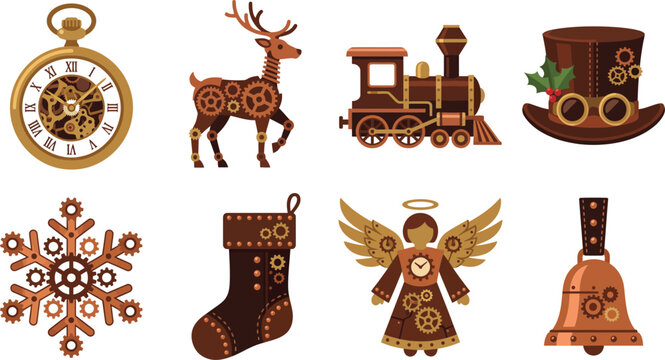 Steampunk Christmas icon set with vintage holiday elements and mechanical gear details.