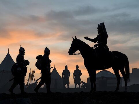 Silhouette of medieval cavalryman and soldiers at sunset camp