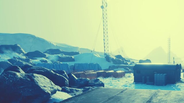 A research station sits surrounded by snow and rocks. Tall equipment towers rise above the buildings. The sun creates a bright atmosphere during the winter day in a remote location.