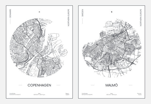 Travel detailed urban poster, Copenhagen capital city of Denmark and Malm&ouml; is the city in Sweden street plan, cities located in a circle, vector black and white printable map