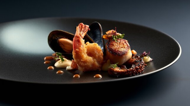 Gourmet shrimp seafood dish with vegetables arranged on a dark plate, elegant dining, restaurant cuisine, premium food styling, culinary presentation.
