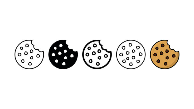 Set of hand drawn chocolate chip cookie icons in various graphic styles