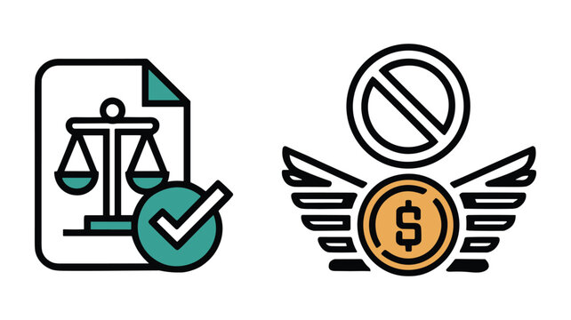 Legal scale document icon and prohibition sign over flying dollar coin for anti corruption theme.