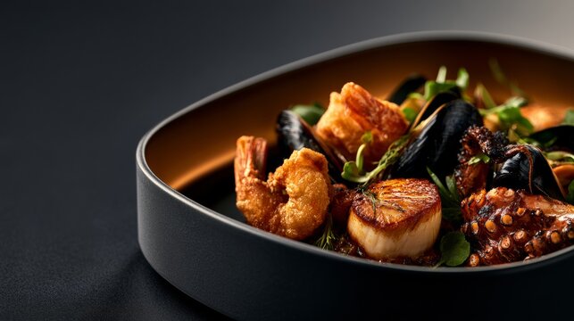 Gourmet shrimp seafood dish with colorful vegetables on dark tableware, elegant dining, restaurant cuisine, premium food styling, culinary presentation.