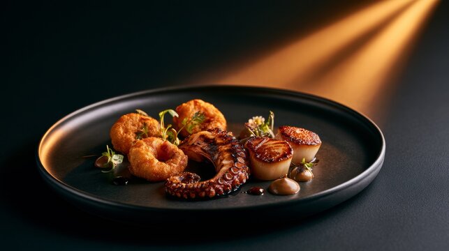 Gourmet shrimp pasta dish served on a dark plate, elegant dining, restaurant cuisine, premium food styling, culinary presentation.