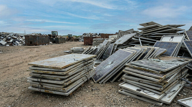 Discarded photovoltaic panels prepared for recycling in industrial scrapyard