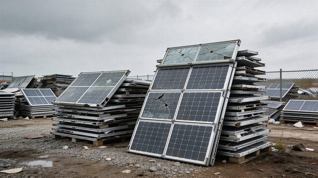 Damaged solar panels stacked for recycling at industrial salvage yard