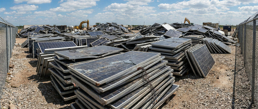 Large solar panel recycling yard filled with damaged photovoltaic modules