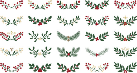 Fototapeta premium Christmas leafy wreaths collection with red berries and pinecones for holiday decoration