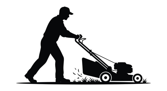 Man operating a lawnmower against a white background silhouette