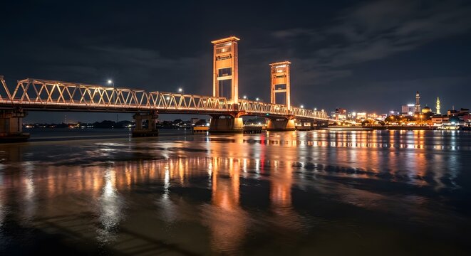 Ampera Bridge over the Musi River at night, Palembang, South Sumatra, Indonesia