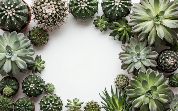 A flat lay arrangement of various green succulent plants and cacti forming a circular frame on a plain white background, leaving empty space in the center for text or other to be added
