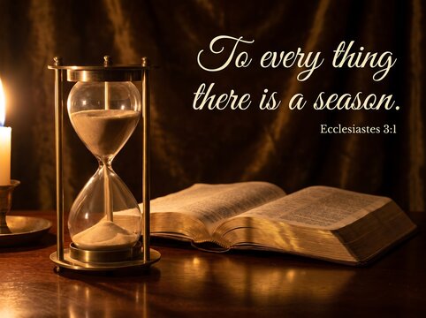 An hourglass and an open bible with the inspirational quote to everything there is a season