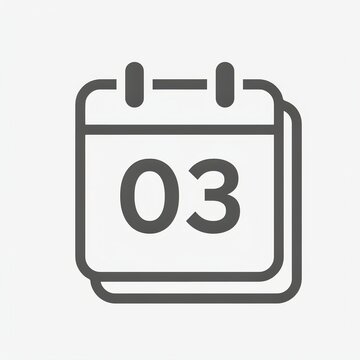 A simple flat of a calendar page showing the number zero three in a dark grey color, isolated on a light grey background, representing a date or a reminder for a specific day of the month