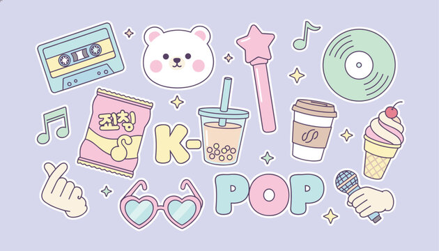 Pastel colored k-pop themed sticker set isolated on a light purple background